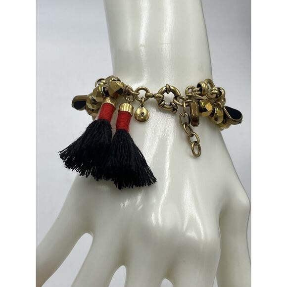 J. Crew Gold Tone Bronze Triple Strand Bracelet Dangles Black Red Tassel - Picture 4 of 11